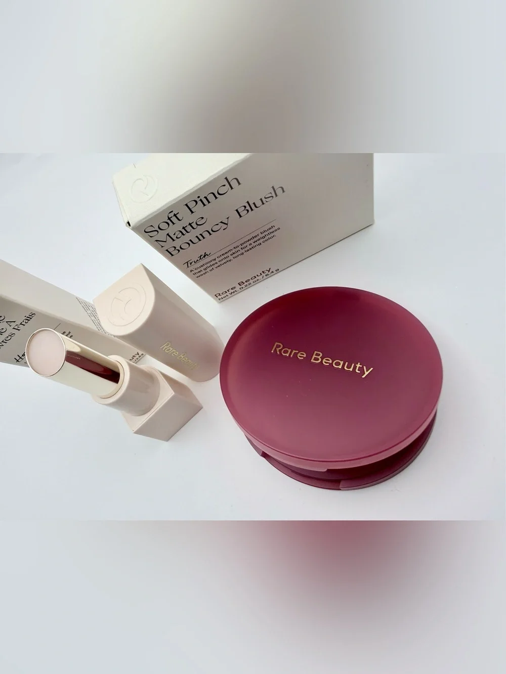 Rare Beauty Soft Bouncy Blush in TRUTH + With Gratitude Dewy Lip Balm in HONOR